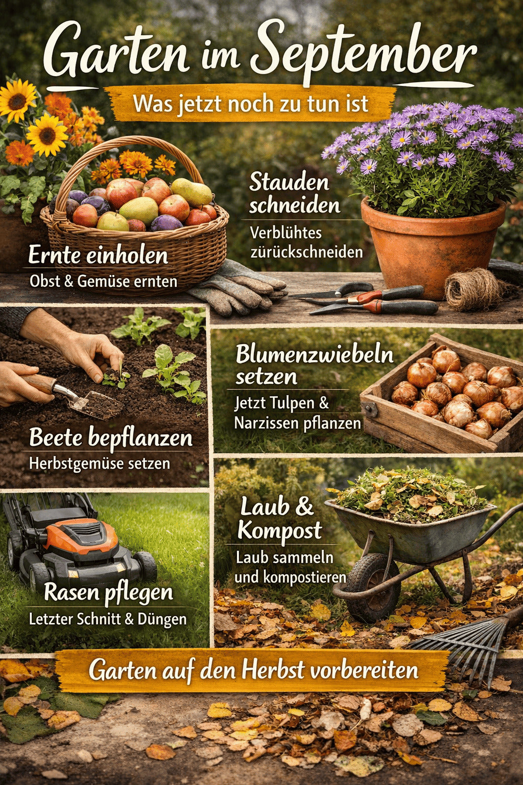 Infografik „Garten im September – was jetzt noch zu tun ist“ mit herbstlichen Gartenszenen: Erntekorb, Staudenrückschnitt, Beetbepflanzung, Blumenzwiebeln, Rasenpflege sowie Laub und Kompost. Warmes, saisonales Layout in Naturfarben.