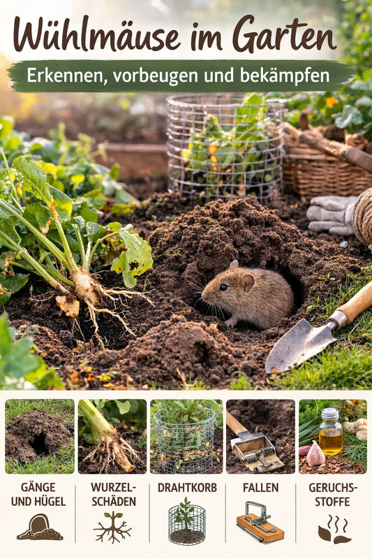 Wühlmaus sitzt am Eingang eines Erdhügels im Garten; neben dem Beet liegen Schaufel und Erde, im Hintergrund Hochbeet und Drahtkorb. Unten zeigen kleine Symbole Hinweise auf Gänge und Hügel, Wurzelschäden, Drahtkorb, Fallen und Geruchsstoffe