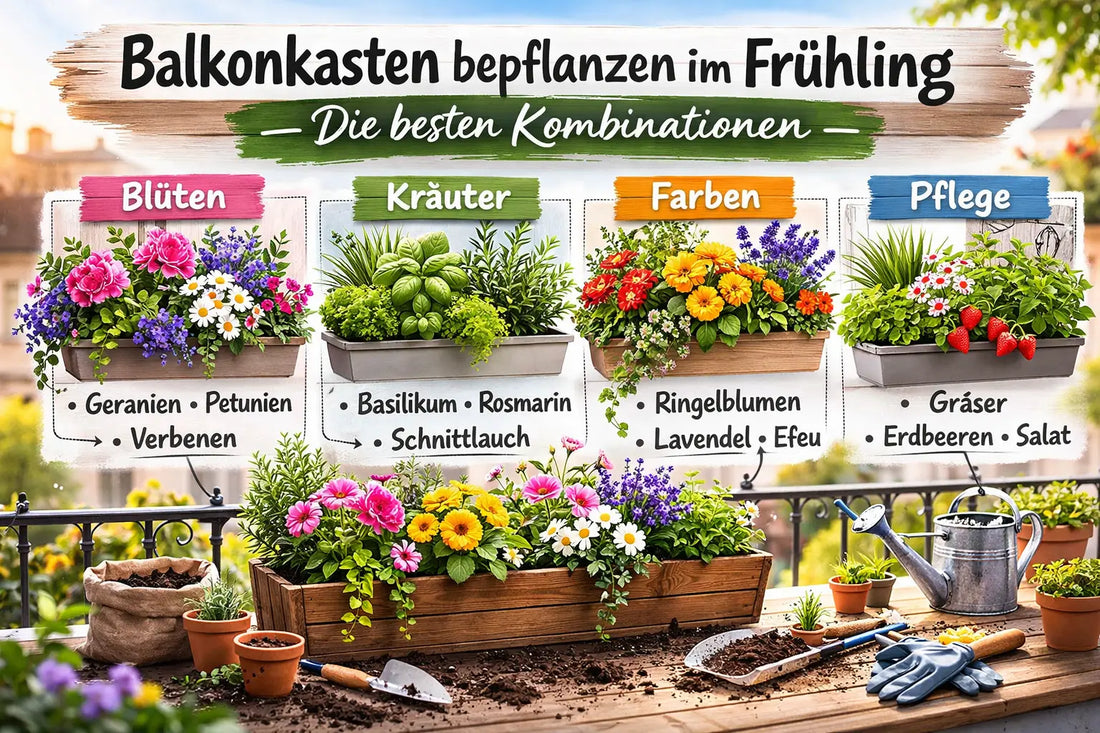 Balkonkasten bepflanzen im Frühling – Kombinationen aus Blüten, Kräutern und pflegeleichten Pflanzen für farbenfrohe Balkonkästen