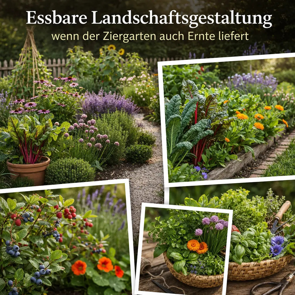 Ziergarten mit essbaren Pflanzen, Kräutern, Mangold und Beeren in harmonischer Gestaltung.