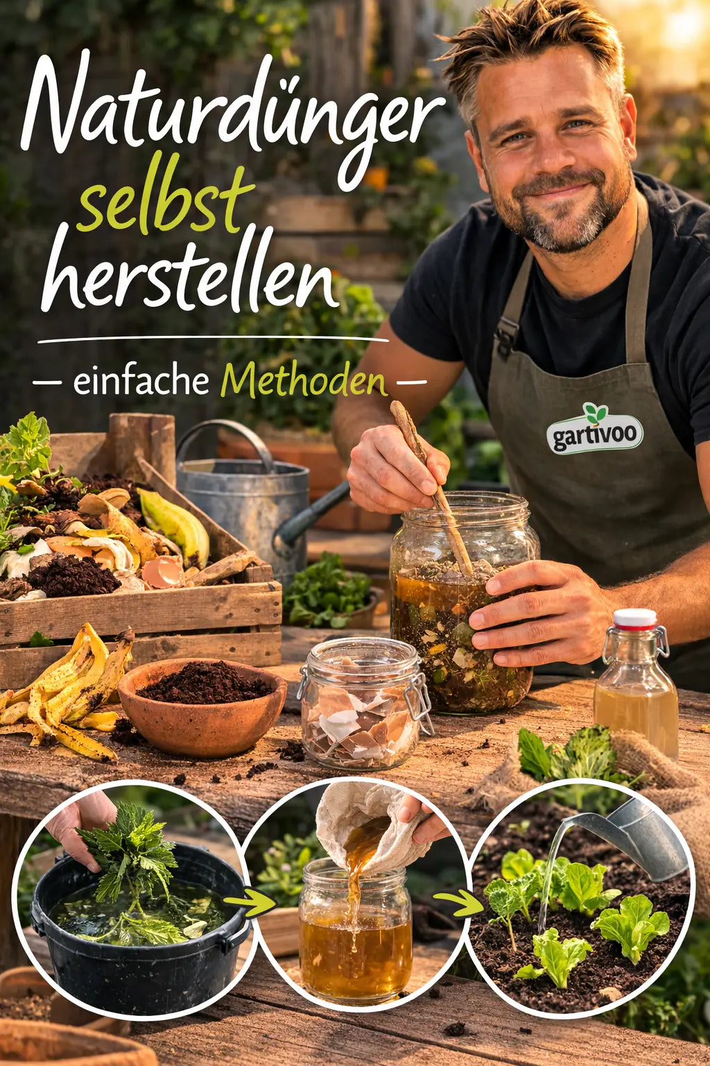 Hände gießen selbst gemachten Naturdünger aus einem Glas in eine Gießkanne; auf dem Holztisch liegen Kompostmaterialien wie Bananenschalen, Eierschalen, Erde und ein Glas mit Brennnesseln, im Hintergrund Gemüsebeet.