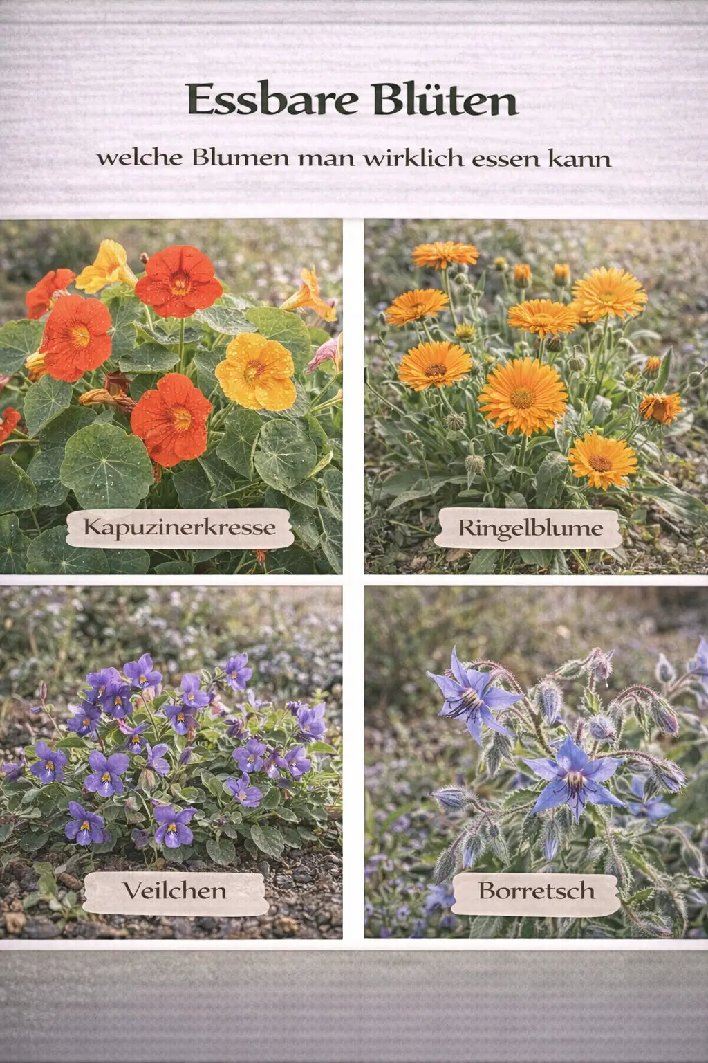 Essbare Blüten mit Kapuzinerkresse, Ringelblume, Veilchen und Borretsch in einer magazinartigen Bildcollage.