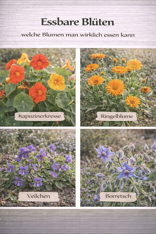 Essbare Blüten mit Kapuzinerkresse, Ringelblume, Veilchen und Borretsch in einer magazinartigen Bildcollage.