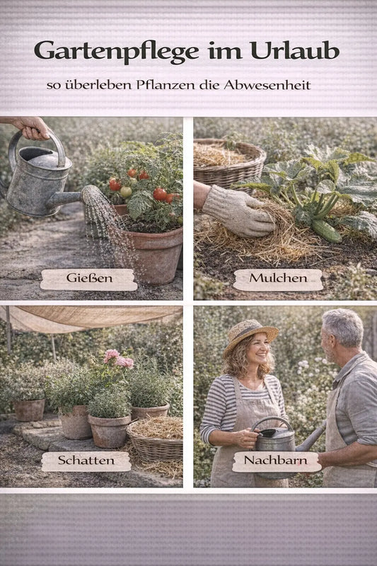 Gartenpflege im Urlaub mit Gießen, Mulchen, Schatten und Hilfe von Nachbarn in einer magazinartigen Bildcollage.