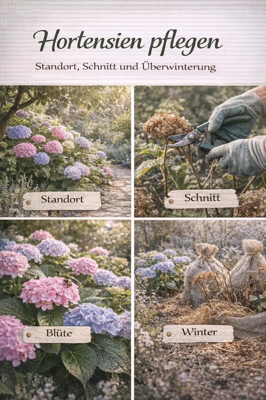 Hortensien pflegen mit Standortwahl, Rückschnitt, Blüte und Überwinterung in einer natürlichen Garten-Collage.