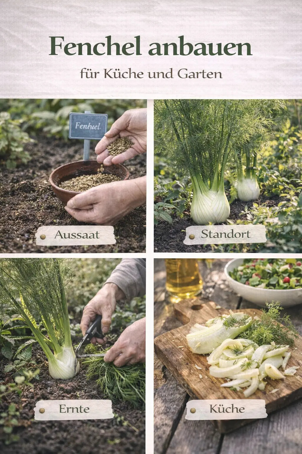 Fenchel anbauen mit Aussaat, Standort, Ernte und Verwendung in der Küche in einer natürlichen Garten-Collage.
