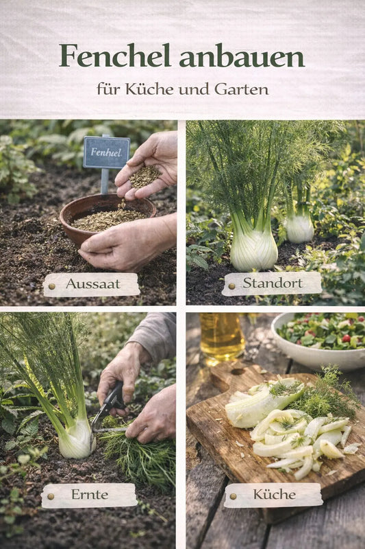 Fenchel anbauen mit Aussaat, Standort, Ernte und Verwendung in der Küche in einer natürlichen Garten-Collage.