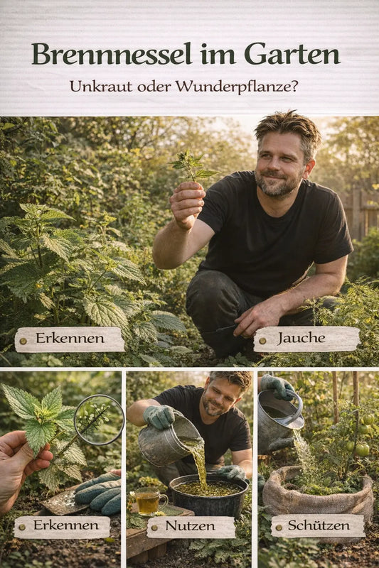 Brennnessel im Garten mit Erkennen, Nutzung als Pflanzenjauche und Schutz der Pflanzen in einer natürlichen Garten-Collage mit Gärtner.