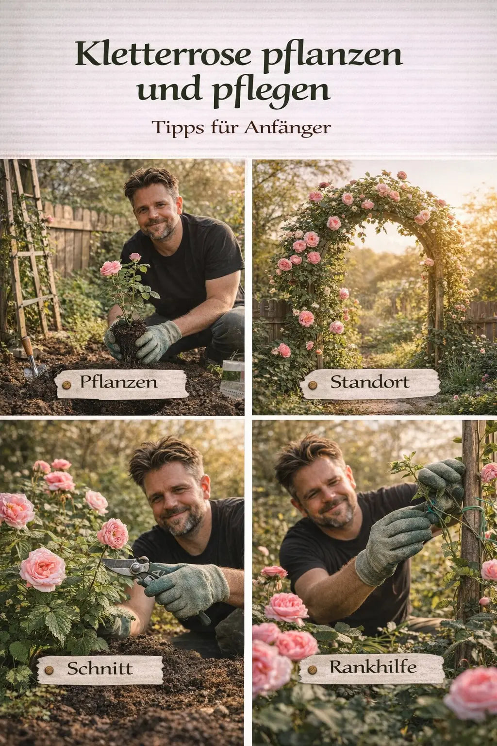 Kletterrose pflanzen und pflegen mit Pflanzen, Standortwahl, Rückschnitt und Rankhilfe in einer natürlichen Garten-Collage.