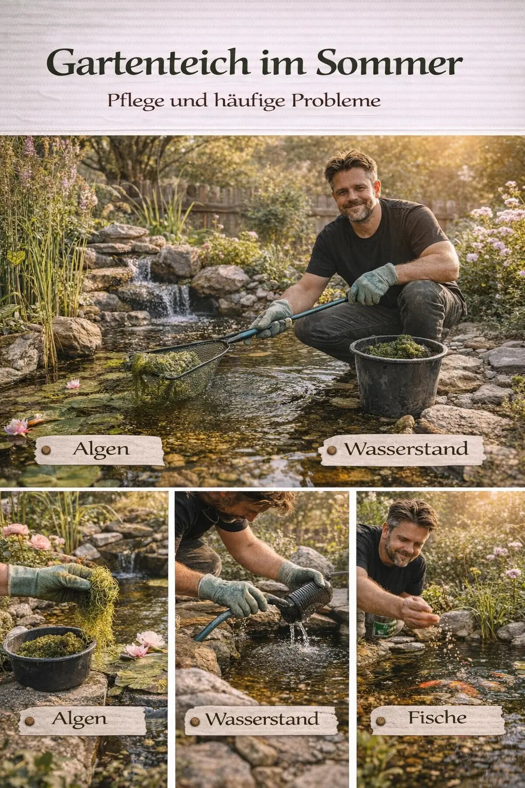 Gartenteich im Sommer mit Algen entfernen, Wasserstand prüfen, Pumpe kontrollieren und Fische versorgen in einer natürlichen Garten-Collage.