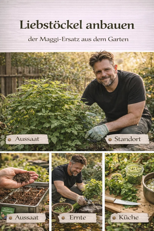Liebstöckel anbauen mit Aussaat, Standort, Ernte und Verwendung in der Küche in einer natürlichen Garten-Collage mit Gärtner.