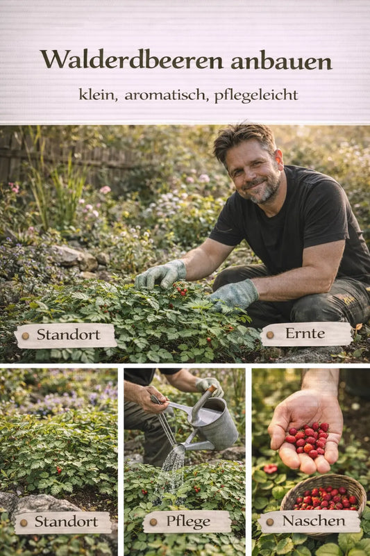 Walderdbeeren anbauen mit Standortwahl, Pflege, Ernte und Naschen in einer natürlichen Garten-Collage mit Gärtner.
