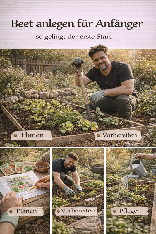 Beet anlegen für Anfänger mit Planung, Vorbereitung, Pflanzen und Pflege in einer natürlichen Garten-Collage mit Gärtner.
