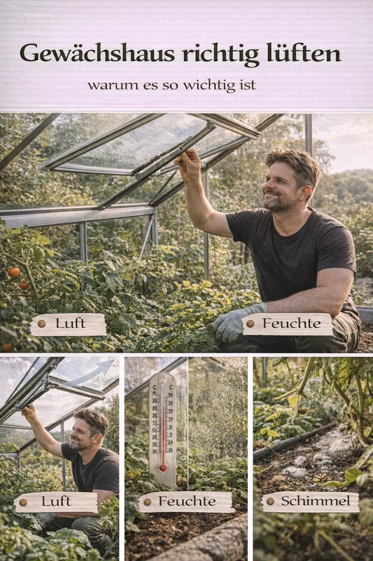 Gewächshaus richtig lüften mit Luftzirkulation, Hitze reduzieren, Feuchtigkeit regulieren und Schimmel vermeiden in einer natürlichen Garten-Collage mit Gärtner.
