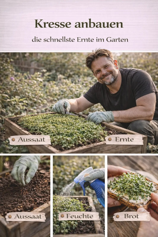 Kresse anbauen mit Aussaat, Feuchtigkeit, Ernte und Verwendung auf Brot in einer natürlichen Garten-Collage mit Gärtner.