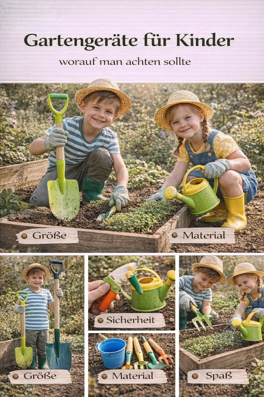 Gartengeräte für Kinder mit passender Größe, sicheren Materialien und spielerischem Einsatz im Garten in einer natürlichen Garten-Collage.