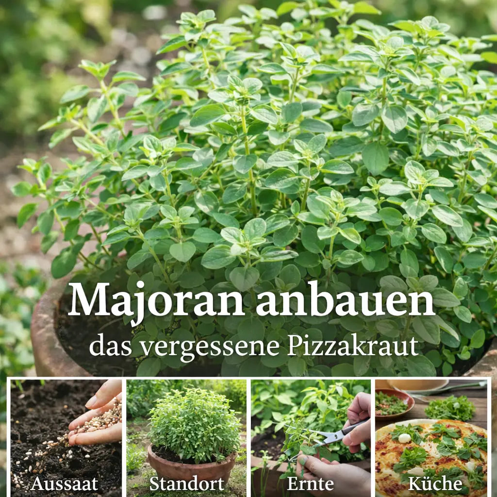 Majoran im Topf anbauen – Aussaat, sonniger Standort, Ernte der frischen Kräuter und Verwendung in der Küche als Pizzagewürz.