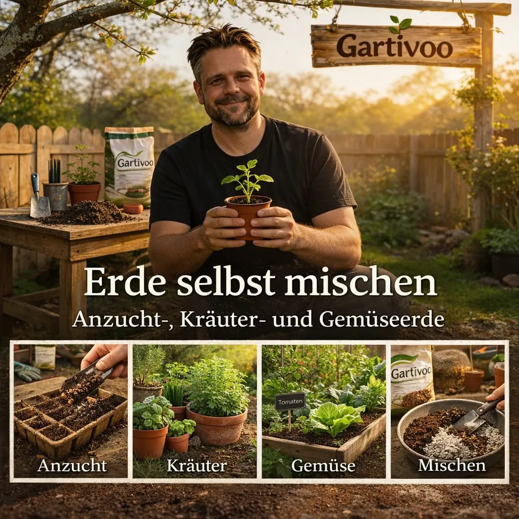 Erde selbst mischen mit Anzuchterde, Kräutererde, Gemüseerde und passender Mischung in einer natürlichen Garten-Collage mit Gärtner.