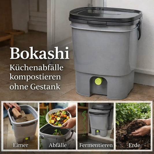 Bokashi-Eimer zur geruchsfreien Kompostierung von Küchenabfällen mit Schritten wie Befüllen, Fermentieren und Verwendung der entstandenen Erde im Garten.