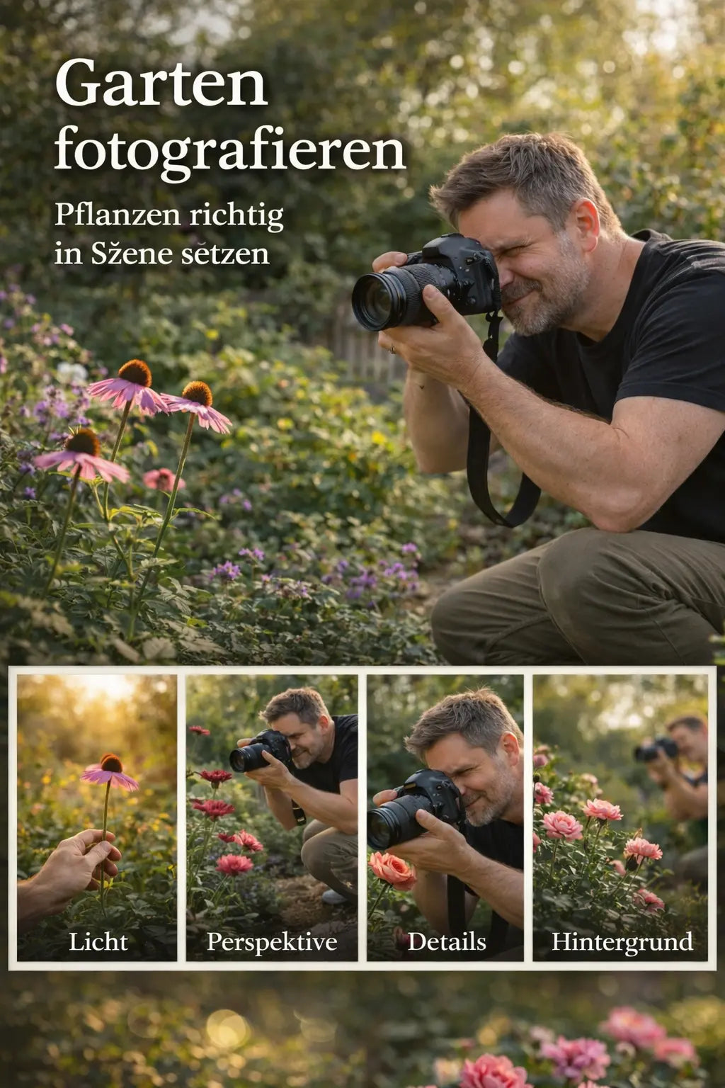 Garten fotografieren – Mann fotografiert Blumen im Garten mit Kamera, zeigt Perspektive, Licht, Details und Hintergrund für bessere Pflanzenfotos