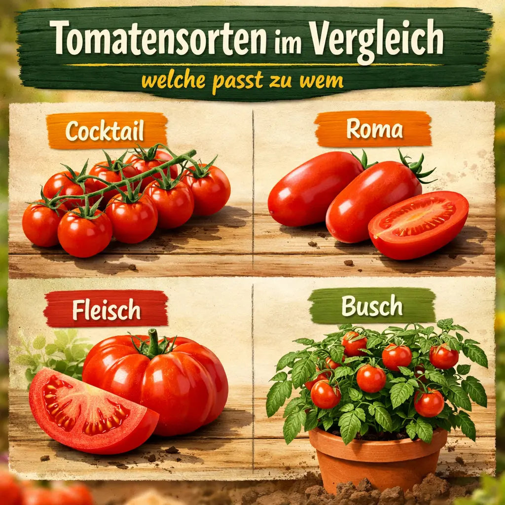 Tomatensorten im Vergleich – Cocktail-, Roma-, Fleisch- und Buschtomaten im direkten Überblick für verschiedene Garten- und Küchenbedürfnisse