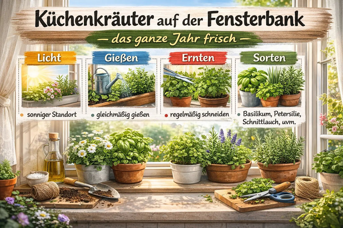 Küchenkräuter auf der Fensterbank – Tipps zu Licht, Gießen, Ernte und geeigneten Sorten für frische Kräuter das ganze Jahr