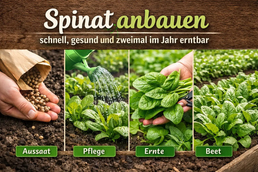 Spinat im Garten anbauen – Aussaat, Pflege, Ernte und Beet im Überblick mit frischen grünen Pflanzen und Gartenszenen