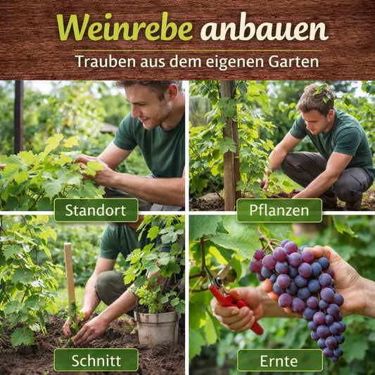 Weinrebe anbauen – mit Standortwahl, Pflanzen, Rückschnitt und Traubenernte im eigenen Garten in quadratischer Collage mit Gärtner