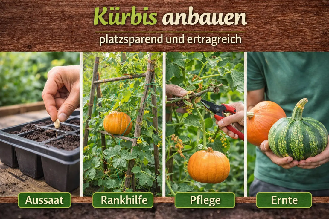 Kürbis anbauen – Anleitung mit Aussaat, Rankhilfe, Pflege und Ernte für platzsparenden und ertragreichen Anbau im Garten