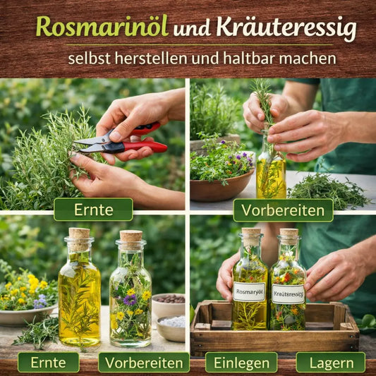 Rosmarinöl und Kräuteressig selbst herstellen – Schritt-für-Schritt mit Ernte, Vorbereitung, Einlegen und Lagerung zur Haltbarmachung frischer Kräuter