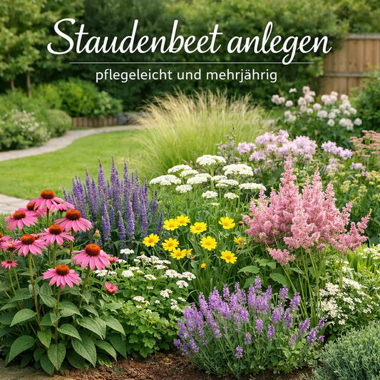 Farbenfrohes Staudenbeet mit blühenden mehrjährigen Pflanzen in einem gepflegten Garten, darüber der Text „Staudenbeet anlegen – pflegeleicht und mehrjährig“.