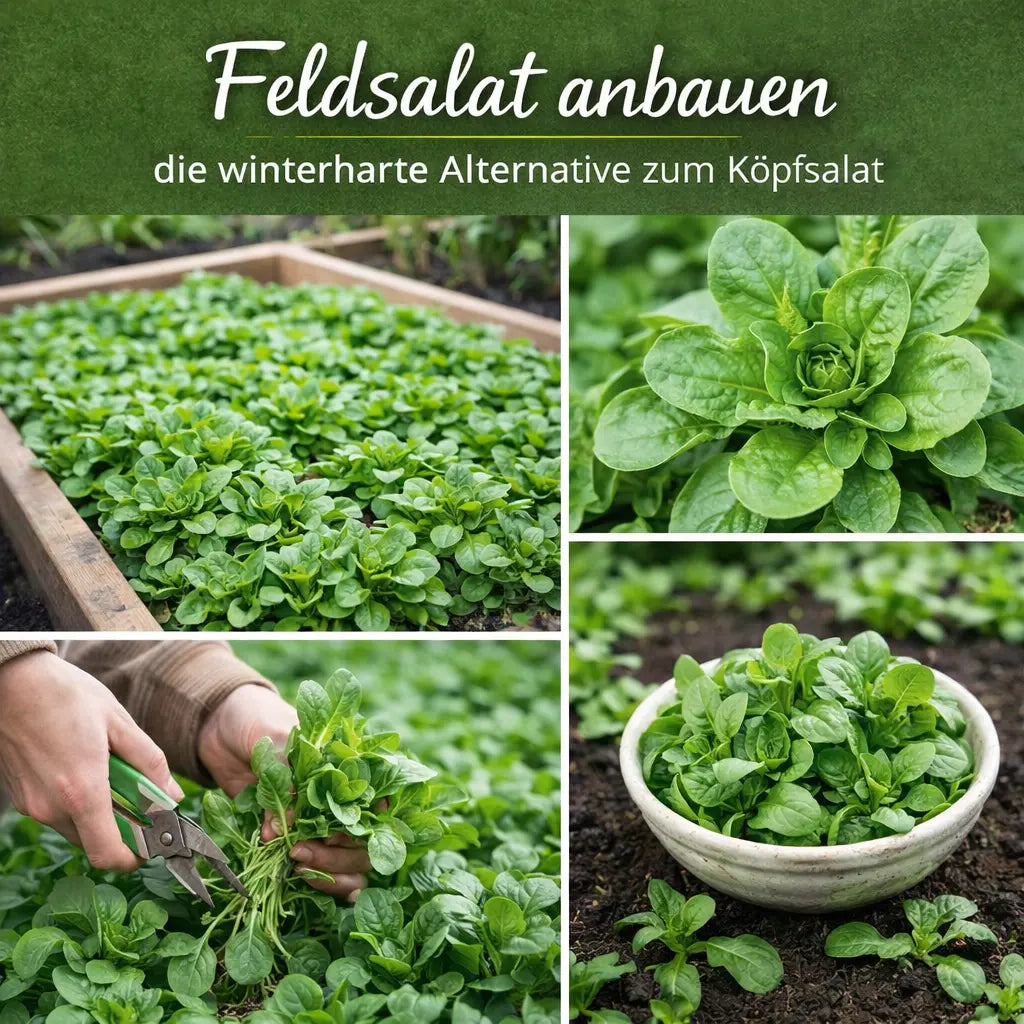  Feldsalat anbauen mit vier Bildern: Feldsalat im Hochbeet, Nahaufnahme der Blätter, Ernte per Hand und frisch geernteter Feldsalat in einer Schale, darüber der Text „Feldsalat anbauen – die winterharte Alternative zum Kopfsalat“.