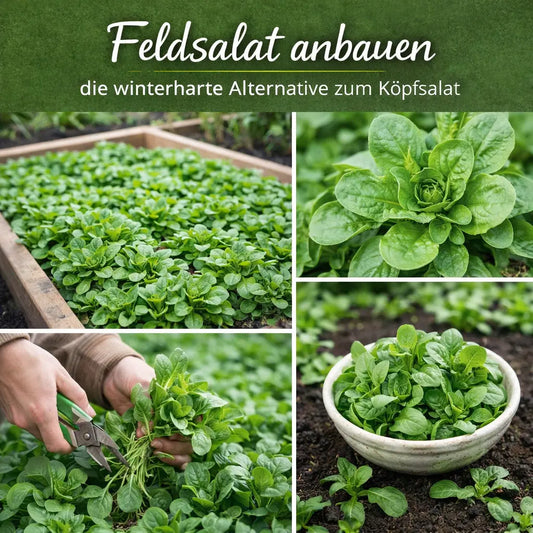  Feldsalat anbauen mit vier Bildern: Feldsalat im Hochbeet, Nahaufnahme der Blätter, Ernte per Hand und frisch geernteter Feldsalat in einer Schale, darüber der Text „Feldsalat anbauen – die winterharte Alternative zum Kopfsalat“.