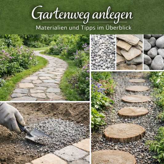 Natursteinweg im Garten, verschiedene Wegmaterialien in Nahaufnahme, Splitt beim Verlegen und ein Kiesweg mit Holztritten,