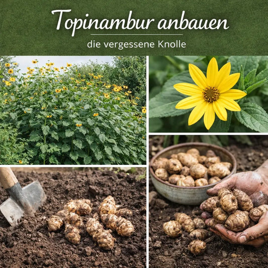 Collage mit Topinambur-Pflanzen, Blüte und geernteten Knollen.