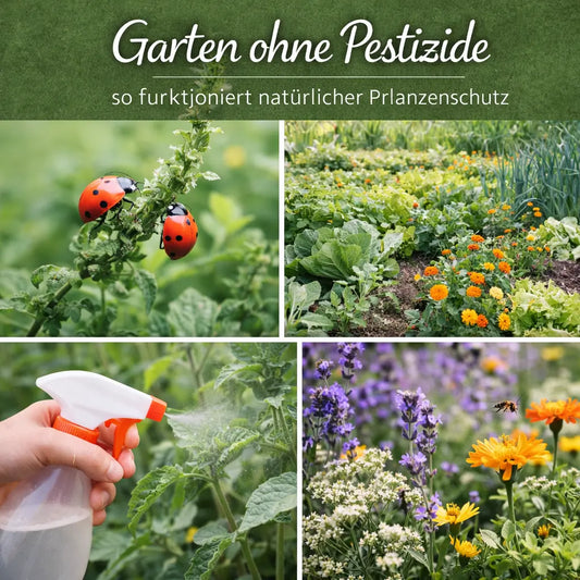 Collage zu natürlichem Pflanzenschutz mit Marienkäfern, Mischkultur, Pflanzensprüher und insektenfreundlichen Blüten.