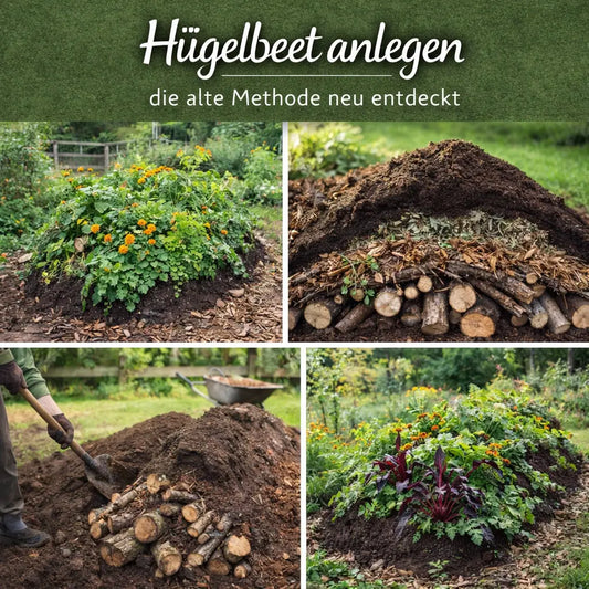 Collage mit Hügelbeet, Schichtung und Aufbau im Garten.