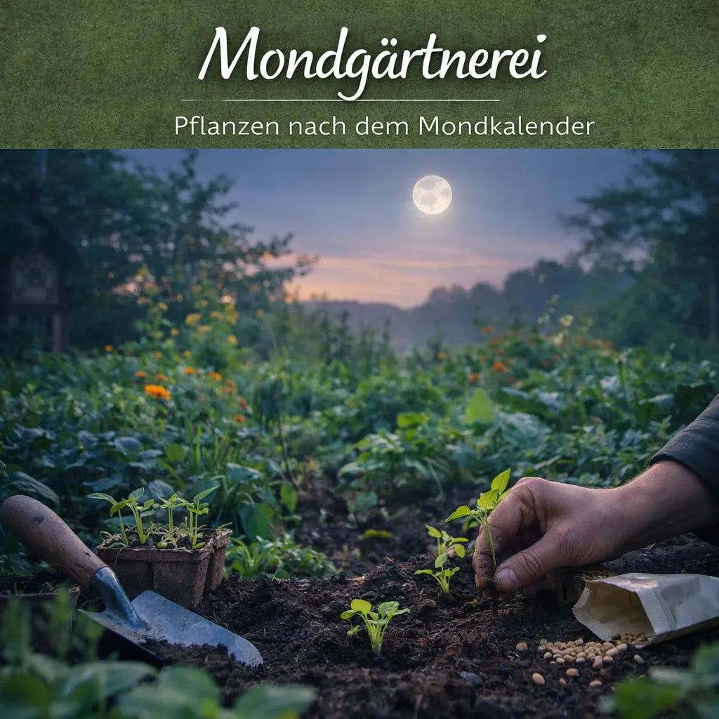 Stimmungsvolles Gartenbild bei Mondschein mit Hand beim Pflanzen junger Setzlinge.