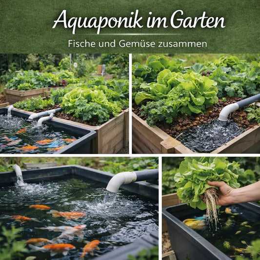Collage mit Aquaponik-System, Gemüsebeeten, Fischbecken und Ernte.