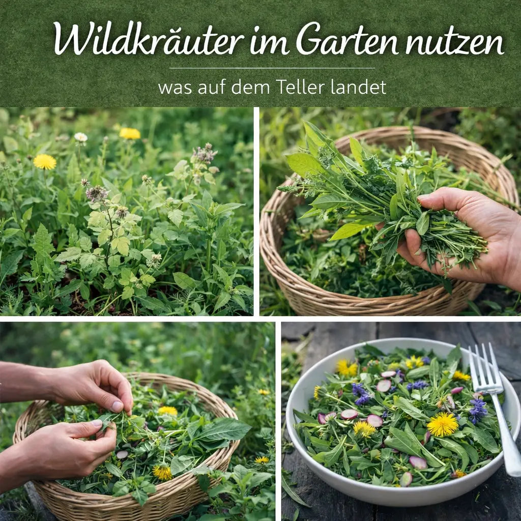 Collage mit Wildkräutern im Garten, beim Sammeln und auf dem Teller.