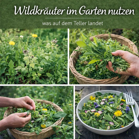 Collage mit Wildkräutern im Garten, beim Sammeln und auf dem Teller.