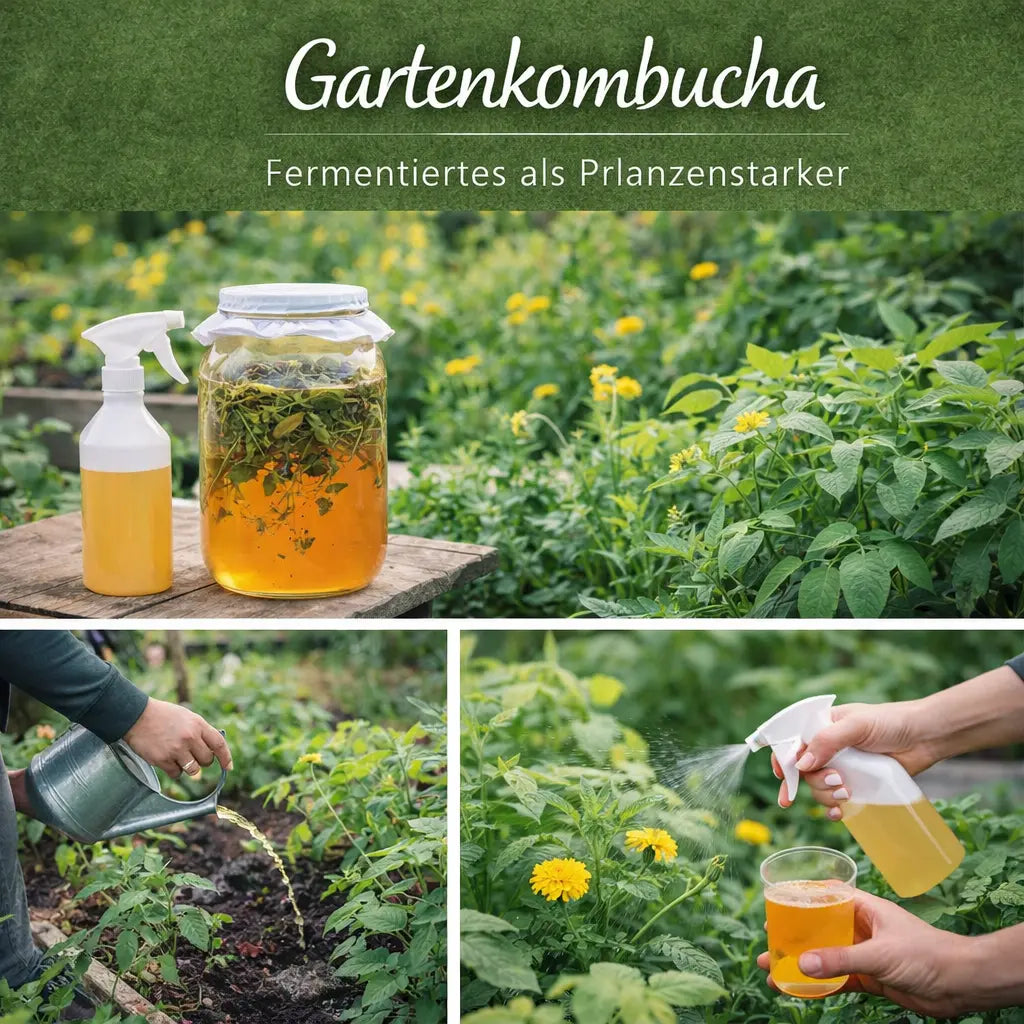 Collage mit fermentiertem Pflanzenansatz, Anwendung im Garten und kräftigen Pflanzen.