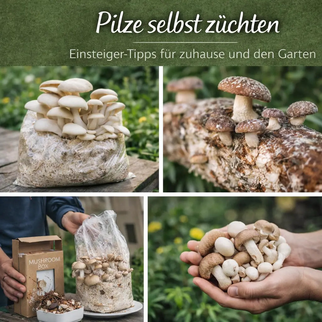 Collage mit Pilzzucht auf Substrat und Holzstamm, Anzucht zuhause und frischer Ernte.