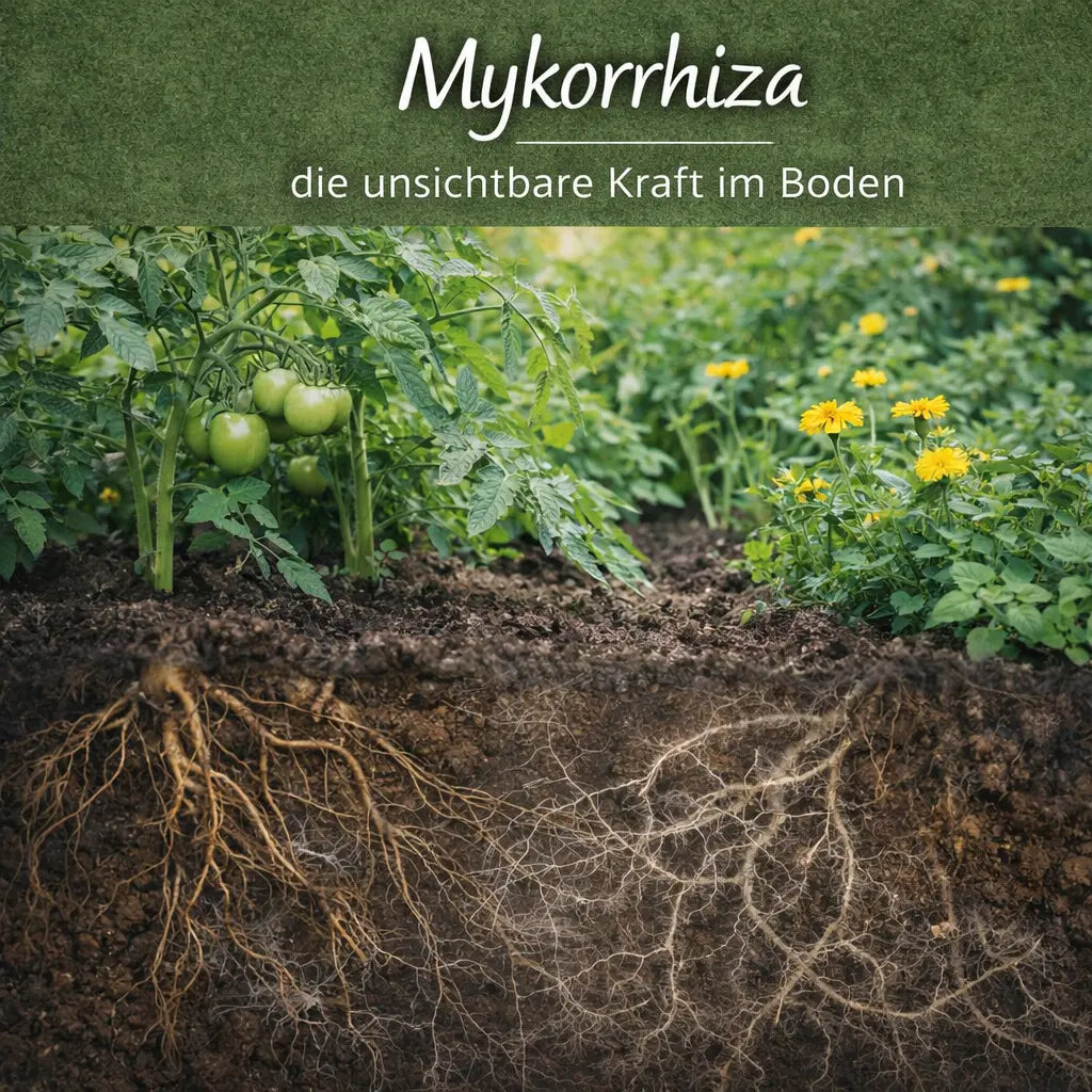 Pflanzen mit sichtbaren Wurzeln und angedeutetem Mykorrhiza-Netzwerk im Boden.