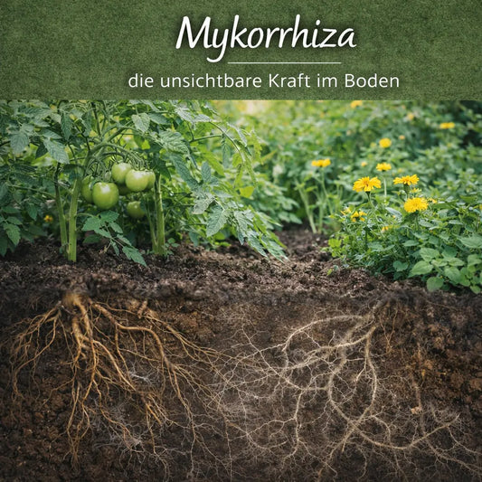 Pflanzen mit sichtbaren Wurzeln und angedeutetem Mykorrhiza-Netzwerk im Boden.