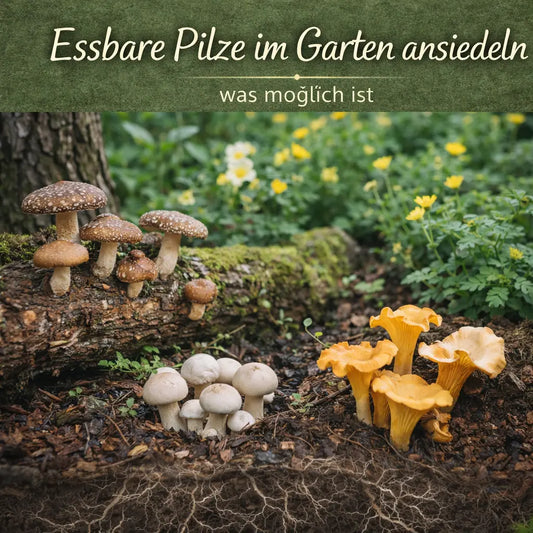 Collage mit essbaren Pilzen an Holz und im Gartenboden.
