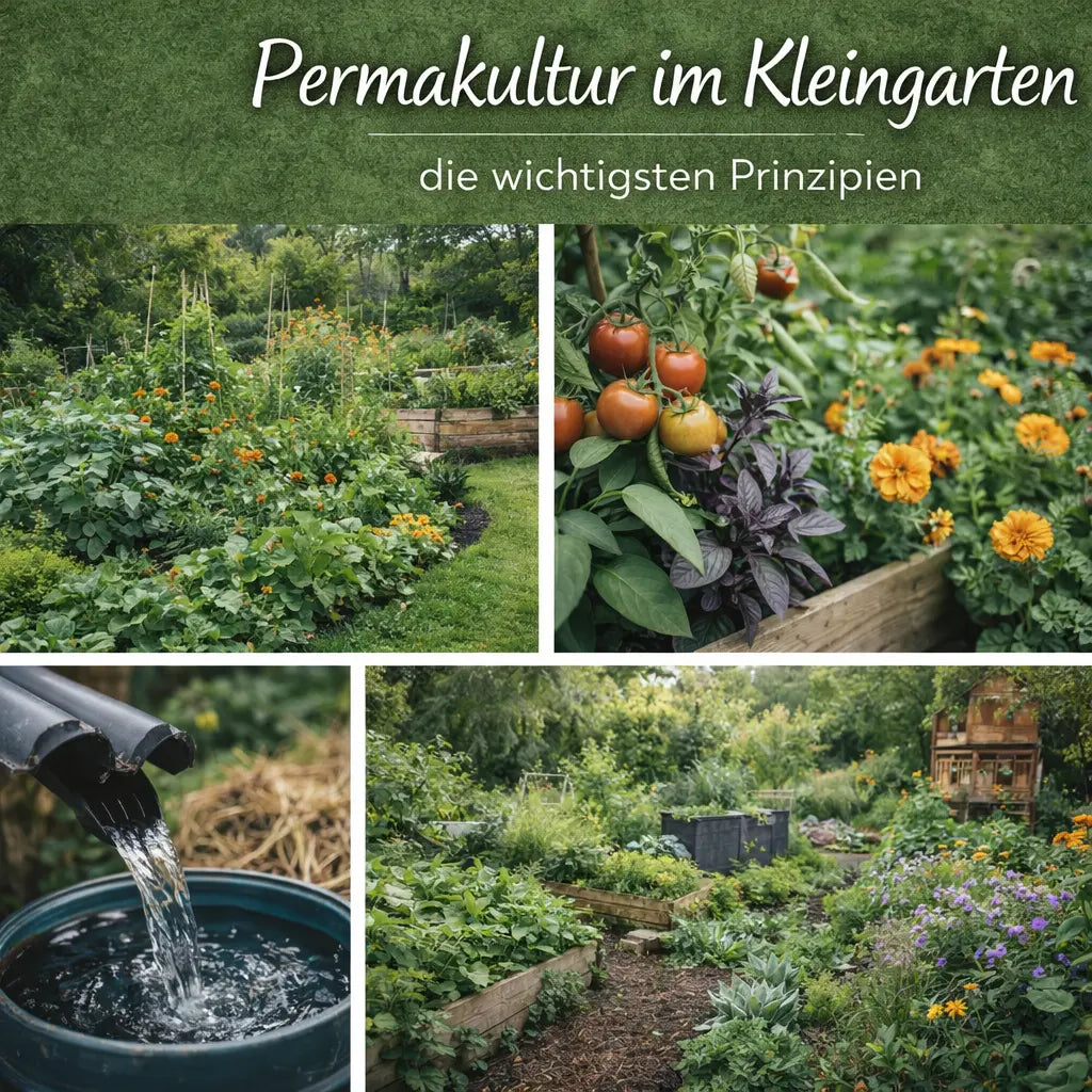Collage mit Mischkultur, Regenwassernutzung und naturnahem Kleingarten.
