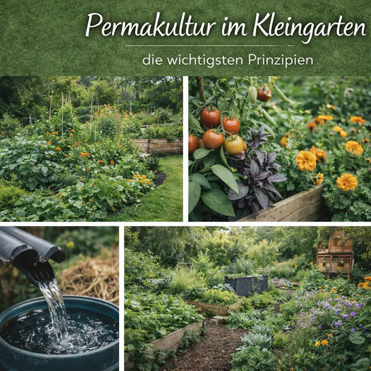 Collage mit Mischkultur, Regenwassernutzung und naturnahem Kleingarten.