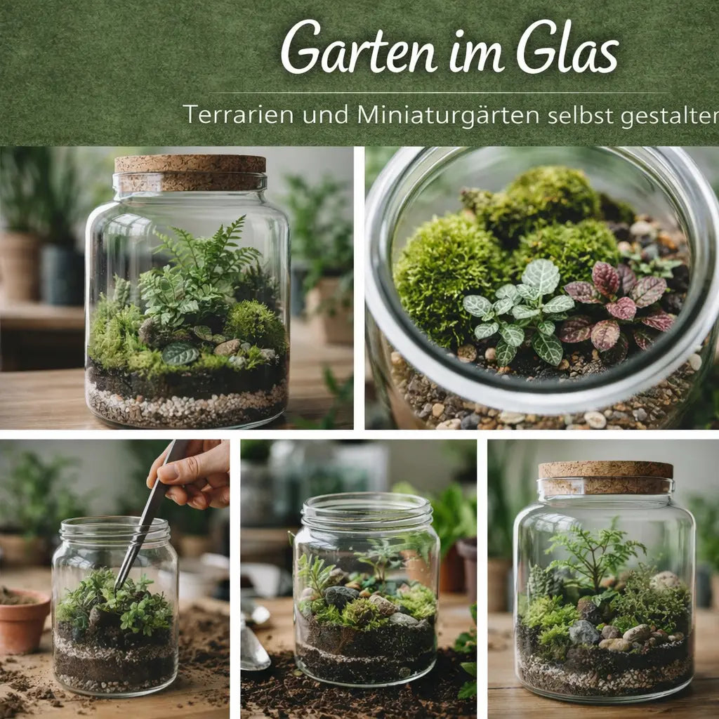 Collage mit Terrarien und Miniaturgärten im Glas beim Gestalten und fertig dekoriert.