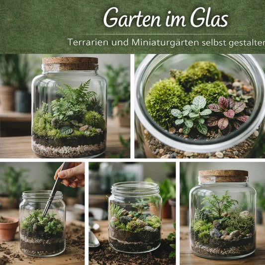 Collage mit Terrarien und Miniaturgärten im Glas beim Gestalten und fertig dekoriert.